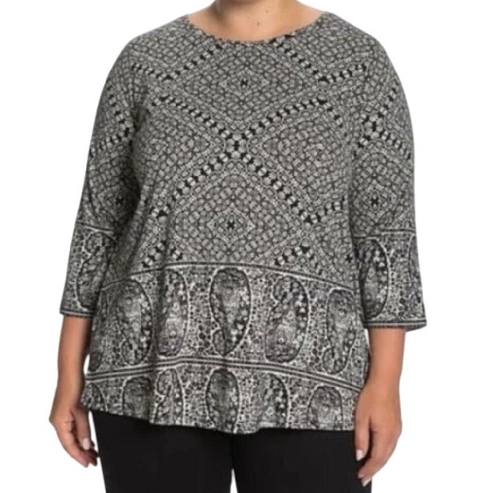 Lucky Brand Blouse Tunic 2X Plus Gray Paisley Border Print Pullover Boho Casual